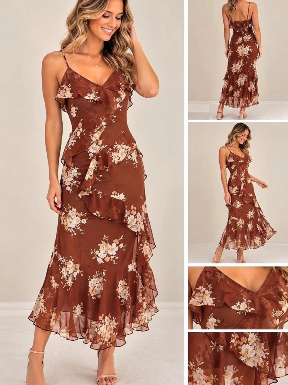 Floral Midi Dress in Brown
